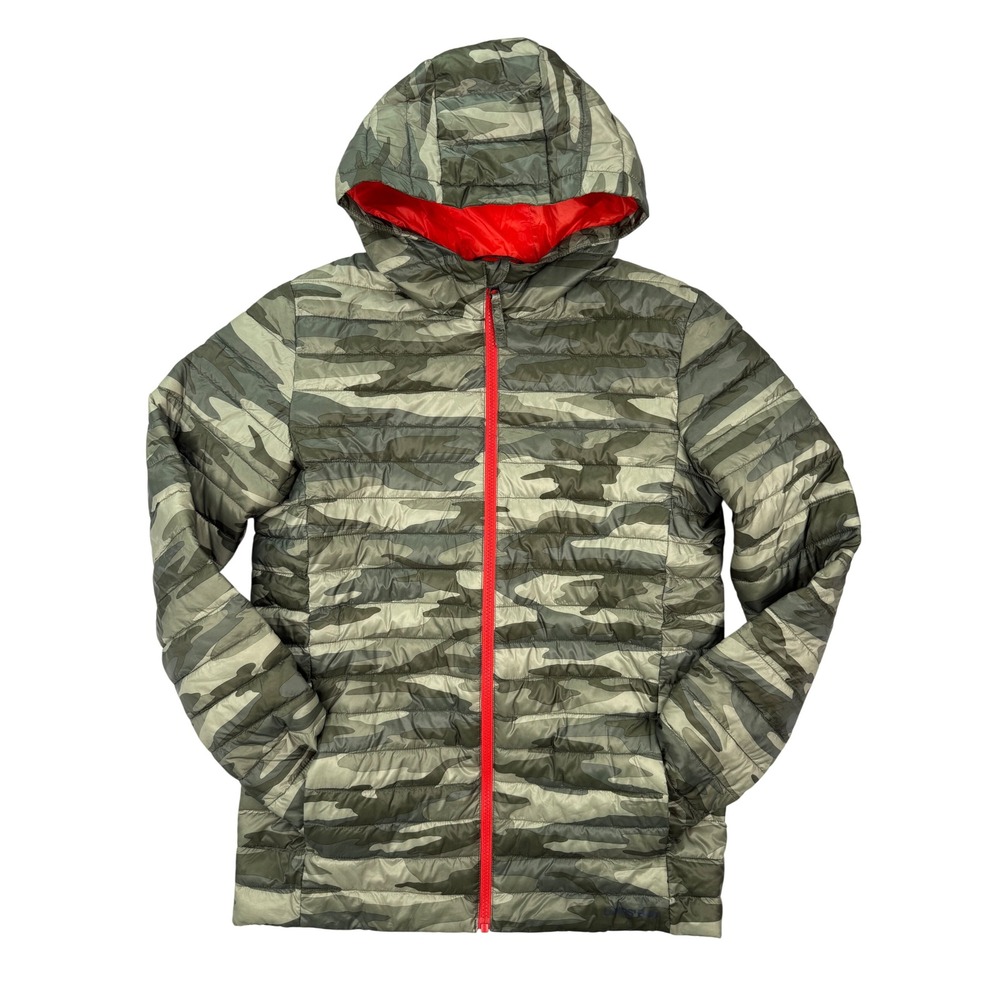 Lands End Kids XXL 18-20 Camo PrimaLoft Puffer Jacket Hooded Green Orange *Flaw
